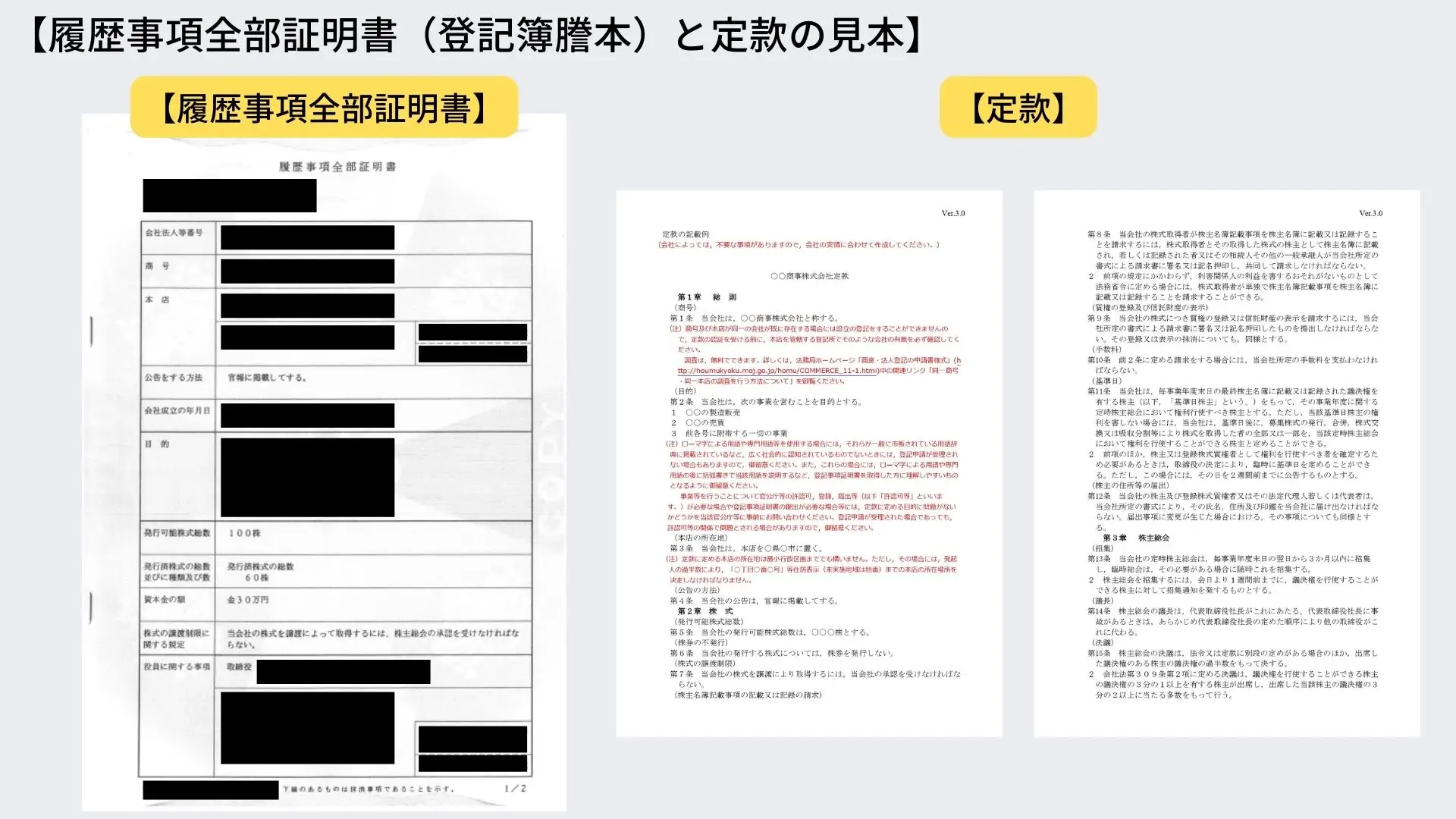 履歴事項全部証明書（登記簿謄本）と定款の見本