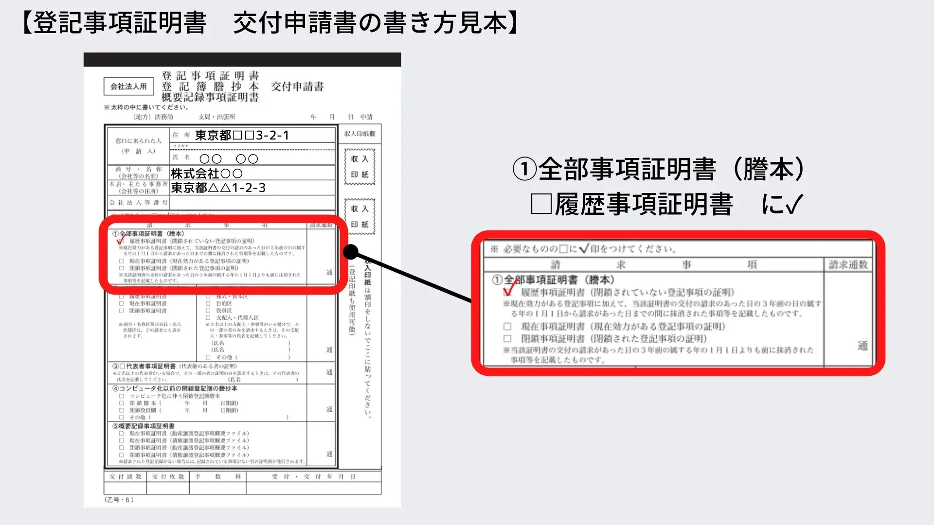 登記事項証明書 交付申請の書き方見本